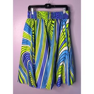 Laddi Vtg Psychedelic Wave Print Elastic Midi Skirt Disco GoGo 70s Pockets OS